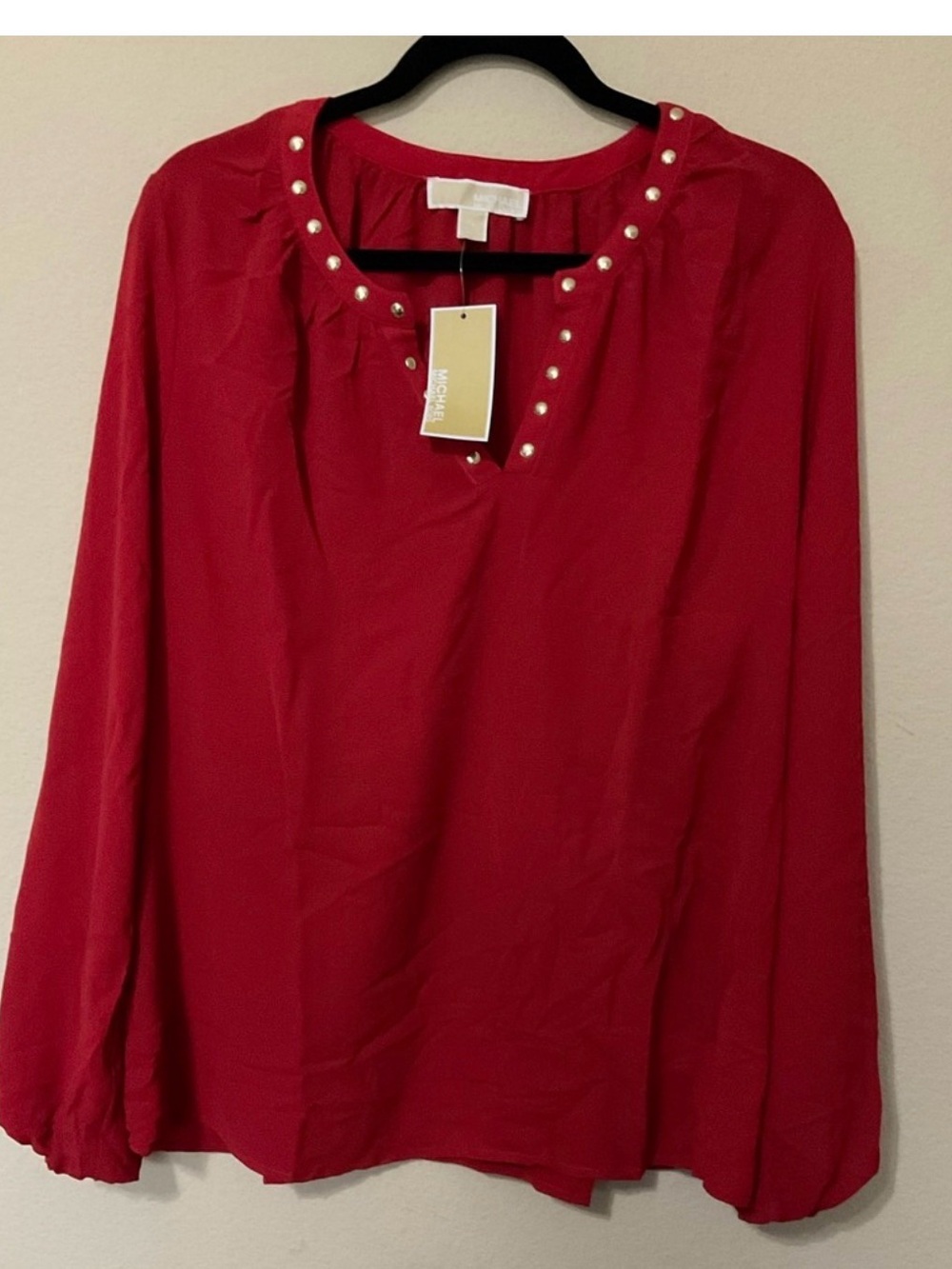 Michael Kors Red Pearl-Accent Long Sleeve Blouse